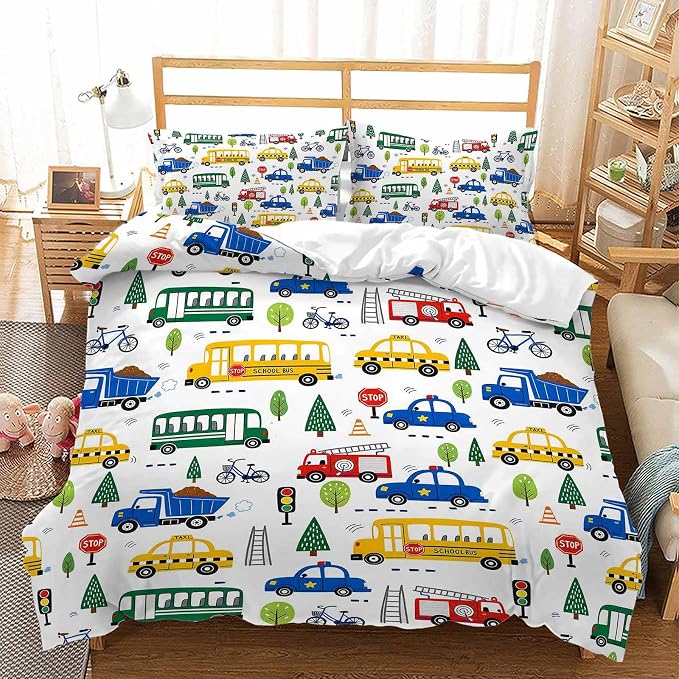 AILONEN City Vehicle Twin Duvet Cover Set 3 Piece, Bus Taxi Printed Bedding with 2 Pillowcases, Microfiber Zipper Closure, Kids Dorm Room by AILONEN