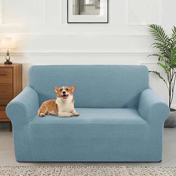 Stretch loveseat Covers Washable Sofa Slipcover, Steel Blue | 1 Piece Couch Covers for Sofa Furniture Protector with Non Skid Foam and Elastic Bottom for Kids, Dogs by LuxshareHome