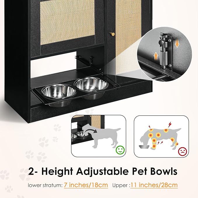 Feeding Station with 2 lockers, pet Feeding Station with 2 Elevated Dog Bowls, Side Hooks, Anti-Tipping kit, Hidden pet Feeding Station for Feeding and Watering, Rattan Door, Black - Image 8