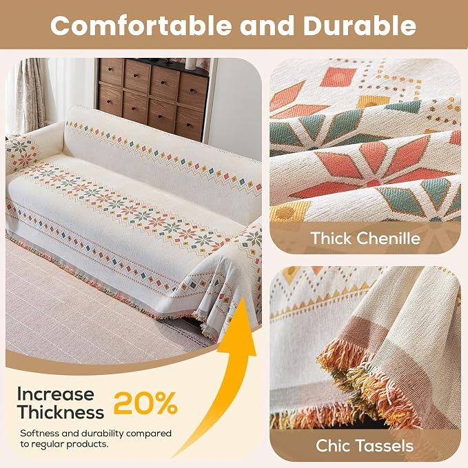 71"x150" Reversible Boho Chenille Couch Cover Sofa Slipcover for Dogs | Fade-Resistant Sofa Cover for 2-3 Cushion, L-Shape Sectional Sofa Soft Washable Furniture Protector with Tassel Anti-Scratch - Image 3