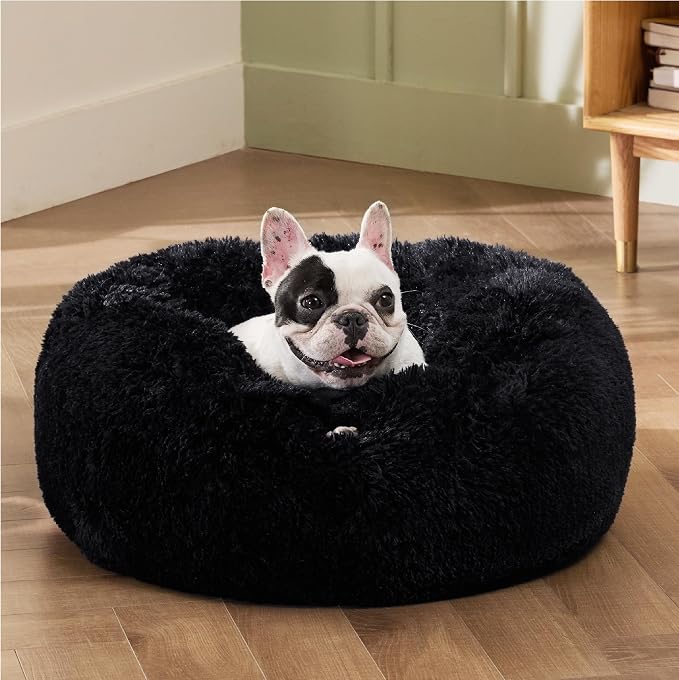 Bedsure Calming Small Medium Dog Bed Donut Washable Puppy Bed,27ins Black | Fluffy Faux Fur Round Cuddler,Machine Washable,Anti-Slip Bottom,Anti-Anxiety,Deep Sleeping for Pets Up to 35 Lbs - Image 4