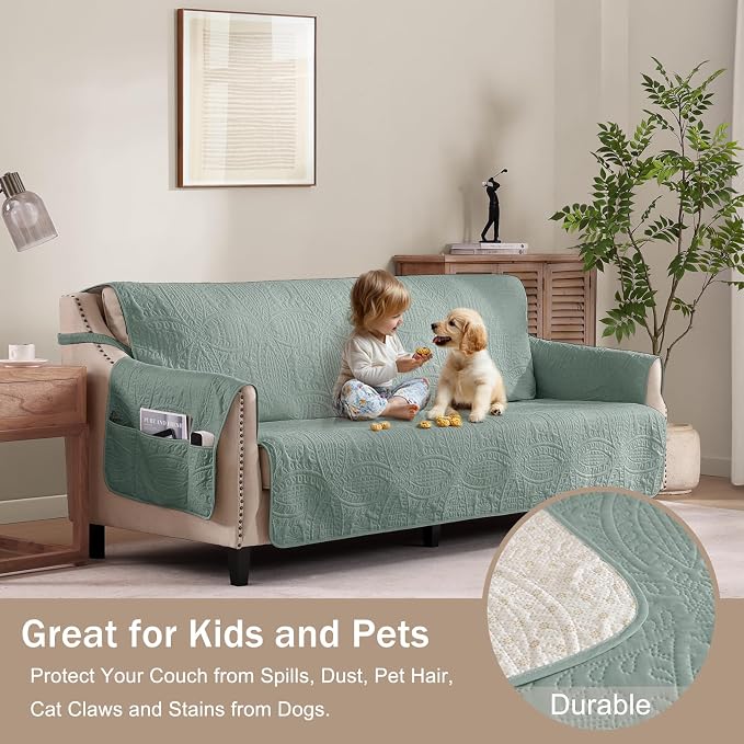 Sage Blue Quilted Sofa Cover, Anti-Slip Medallion Designed Couch Covers for 3 Cushion Couch, Sofa Slipcovers for Dogs Cats Water-Repellent, Machine Washable (Large Sofa 68", Sage Blue) - Image 8