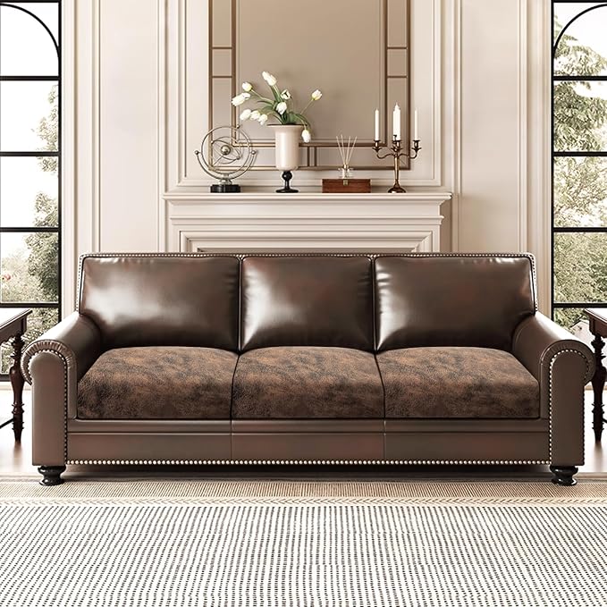 ANARACHON Leather Look Couch Cushion Covers Sofa Seat Slipcovers Sets Couches Furniture Protector for Sectional Armchair Loveseat Pets Kids Stretch Spandex Fabric (3 Cushion XL Sofa, Dark Brown) - Image 2