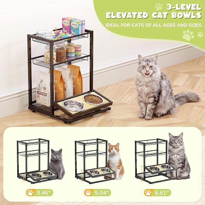 Elevated Cat Bowl Stand Feeding Station, 3-Tier Cat Food Organizer & Storage, Pet Feeding Station with Cat Table, Cat Food Stand for Large Medium Cats, 3 Height Adjustable, Black - Image 3