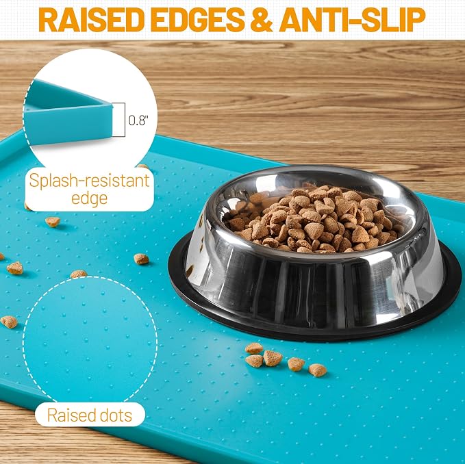Hubulk Dog Feeding Mat,100% Waterproof Food Grade Silicone Pet Food and Water Bowl Placemat,Dishwasher, High Raised Edge to Prevent Spills,Nonslip Tray to Stop Messes on Floor（28"x18"x0.8", Green） - Image 3