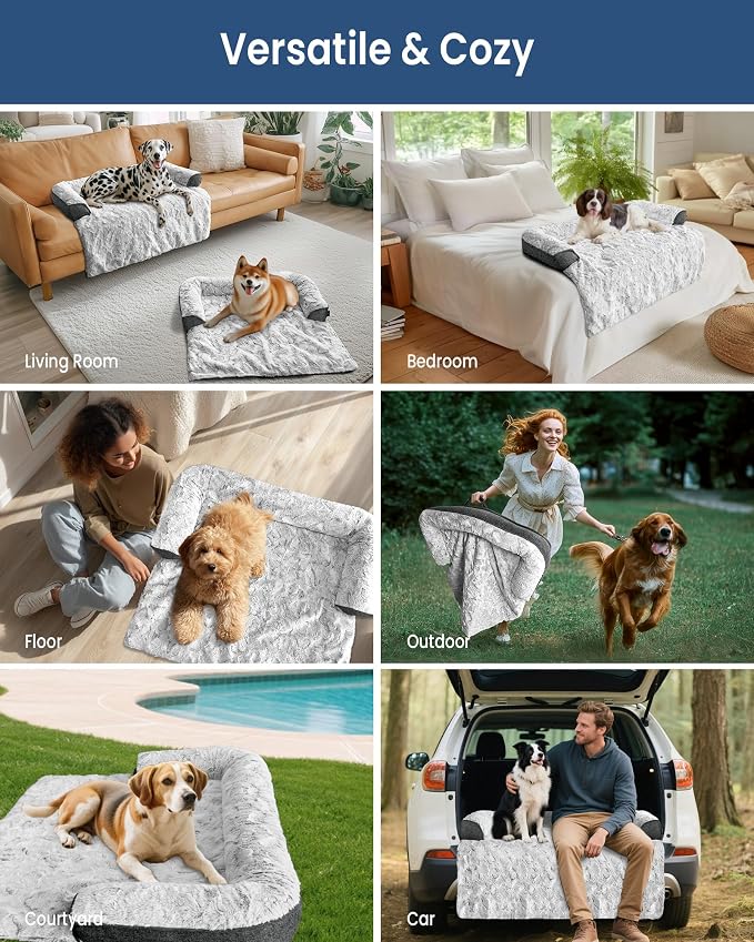 Calming Large Dog Bed for Couch, 41 x 37 inch Removable Couch Cover for Dogs Washable, Non-Slip Fluffy Plush Dog Sofa Mat for Furniture Protector - Grey - Image 7