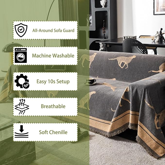 Chenille Sofa Cover with Tassels, Non-Slip Couch Cover for Seat Sofas, Washable Furniture Protector for Pets & Kids, Modern Leopard Pattern Chenille Blanket (Grey, 90"x165") - Image 6