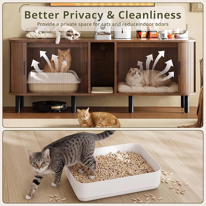 IRONCK 60" Double Cat Litter Box Enclosure with Power Outlet | Sliding tambour door. Built-in power outlet. 60" TV stand top. Walnut finish with 4.3" raised base. - Image 7