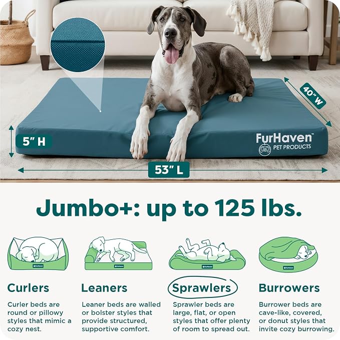 FurHaven Water-Resistant Orthopedic Dog Bed for Large Dogs, Oxford Polycanvas Mattress, Solid Orthopedic Foam Slab for Joint Support, Removable Washable Cover, Jumbo Plus/XXL, Deep Lagoon - Image 3