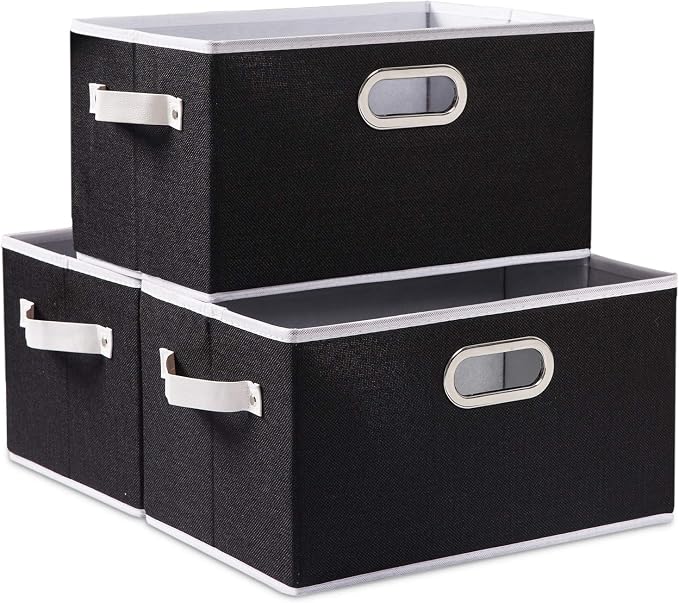 PRANDOM Fodable Storage Bins for Closet [3-pack] Decorative Fabric Storage Baskets Cubes with Leather/Metal Handles for Shelves Bedroom Living Room Black (11.5x8.5x6.7 Inch) by Prandom