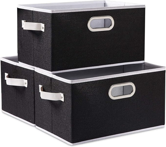 PRANDOM Large Collapsible Storage Bins for Closet [3-pack] Decorative Fabric Storage Baskets Cubes with Leather/Metal Handles for Shelves Bedroom Living Room Black (14.9x9.8x8.3 Inch) by Prandom