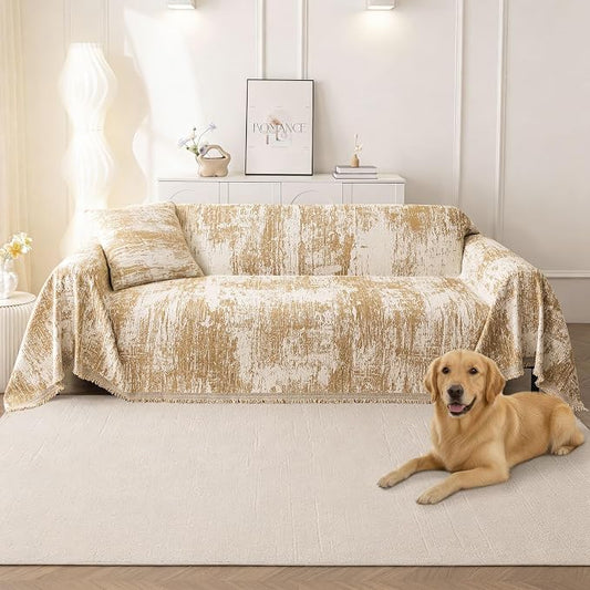 hyha Couch Cover for Dogs, Boho Chenille Sofa Cover for 3 Cushion Couch | Anti-Scratch Washable Sofa Slipcover, Loveseat Sectional Couch Throw Blankets with Tassels (Khaki/White, 88.5x150 Inch) by hyha