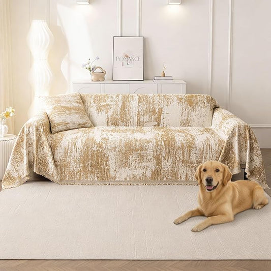 hyha Couch Cover for Dogs, Boho Chenille Sofa Cover for 3 Cushion Couch | Anti-Scratch Washable Sofa Slipcover, Loveseat Sectional Couch Throw Blankets with Tassels (Khaki/White, 71x150 Inch) by hyha