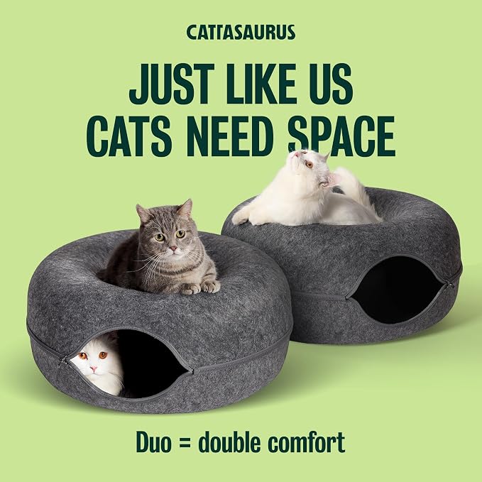 Cattasaurus Peekaboo Cat Cave Donut for Multiple & Large Cats up to 30-45 lbs, 3-in-1 Self Warming Cat Bed, Tunnel & Scratcher for Indoor Cats, Washable & Detachable (Dark Gray + Dark Gray, Large) - Image 5