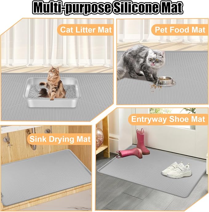 Silicone Cat Litter Mat 45" x 30" Cat Mat for Litter Box, Light Grey | Extra Large Cat Litter Trapping Mat for Floor, Waterproof, Non-Slip Kitty Litter Box Mat with Raised Edge, Easy to Clean - Image 8