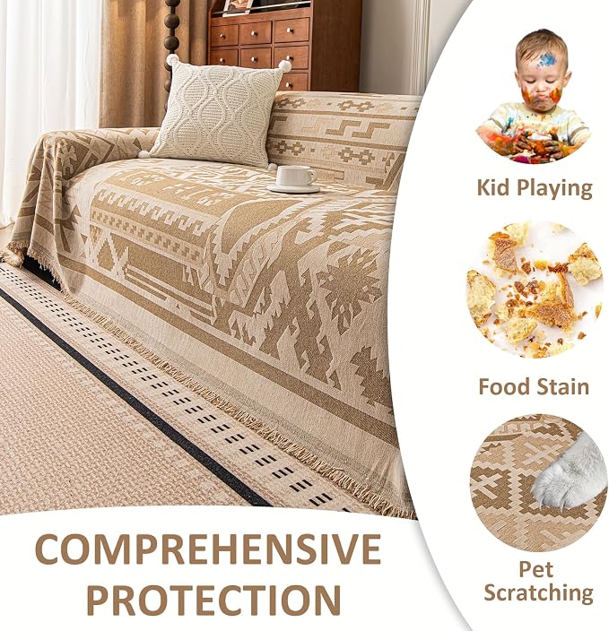 VClife Boho Couch Cover, Aztec Sofa Cover for Dog, Non Slip Washable Couch Covers for 3 Cushion Couch Sofa, Reversible Triangle Geometric Futon Cover Furniture Protector (Khaki, 71" x 134") - Image 4