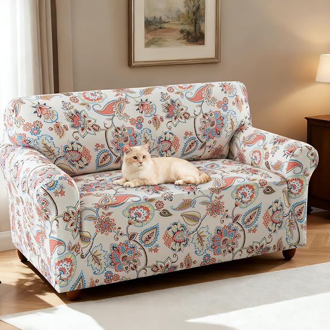 H.VERSAILTEX Floral Pattern Sofa Covers for 2 Cushion Couch Printed Loveseat Covers High Stretch 2 Seater Sofa Cover Super Soft Couch Cover for Dogs Washable(Sun-Kissed Floral,Loveseat) - Image 2