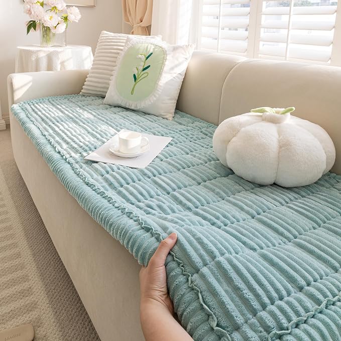 vctops Striped Couch Cover Super Soft Corduroy Sectional Sofa Cover Washable Non Slip Sofa Slipcover Furniture Protector for Kid Dog Pet,1 Piece (Blue,27"x82") - Image 6