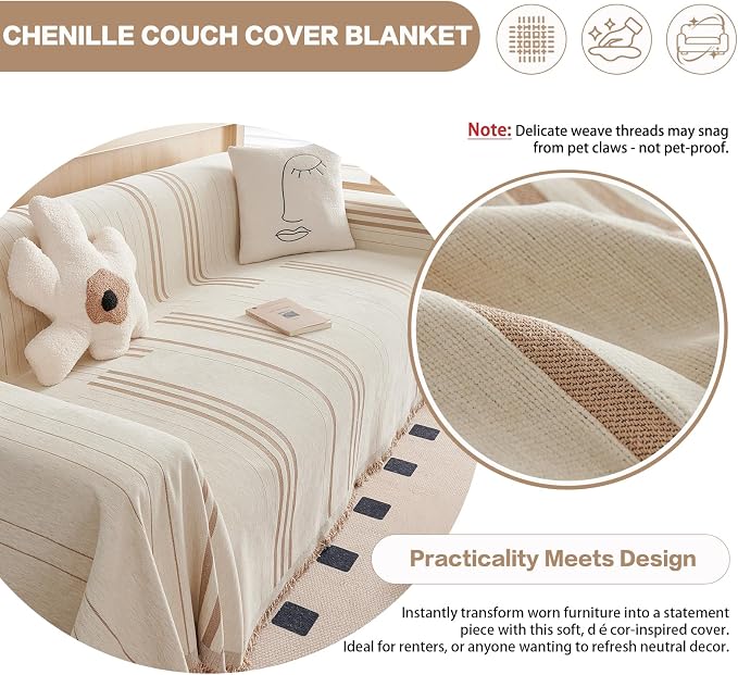 DREAMINGO Couch Cover Reversible Chenille 3 Seat Sofa Covers for Pet Kids Beige Coffee Couch Protector for 3 Cushion Couch Sofa Vertical Stripe Jacquard Sofa Slipcover Sectional, 71"x134" - Image 3
