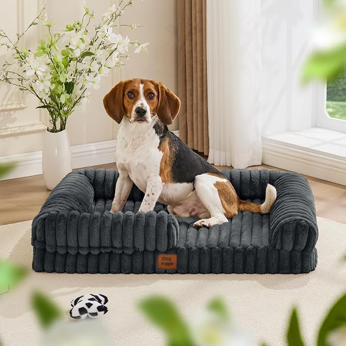 ChiXnuggle Faux Fur Orthopedic Dog Bolster Bed, Waterproof Washable Cover | rectangular dog sofa couch,egg crate foam,non-slip bottom,for large dogs,dark grey,35*28*7 - Image 9