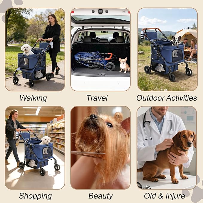 Pet Stroller for 2 Small Dogs, Dog Stroller for Medium Dogs 20 lb with Storage Bag and Cup Holder, Cat Stroller for 2 Cats with Adjustable Handle & Weatherproof Cover, All-Terrain(Blue)