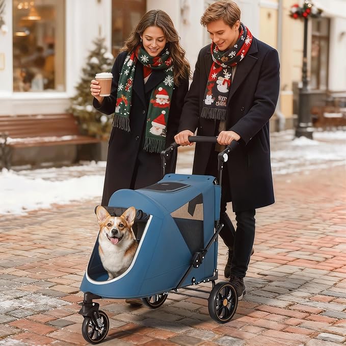 Magshion Pet Stroller for Medium Dogs w/Adjustable Handle, 3-Wheel Dog Cat Wagon w/Dual Entry, Rear Storage, Breathable Mesh, One-Foot Brake, Ideal for Large Pets up to 55 lbs, Navy Blue