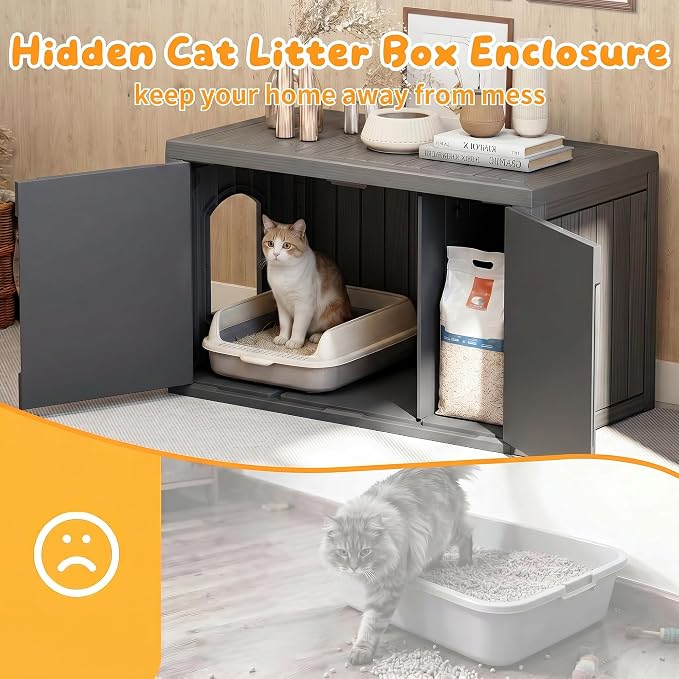 Cat Litter Box Enclosure,Multi-Functional Hidden Litter Box Furniture Cabinet with Adjustable Partition & Side End Table, Indoor Outdoor Cat House with Double Doors,Easy to Clean & Assemble, Black - Image 6