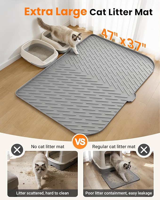 Cat Litter Box Mat, 47" x 37" Extra Large Cat Litter Mat, Silicone Waterproof Litter Trapping Mat for Scatter Control Soft on Kitty Paws Non-Slip Easy to Clean (Gray) - Image 2