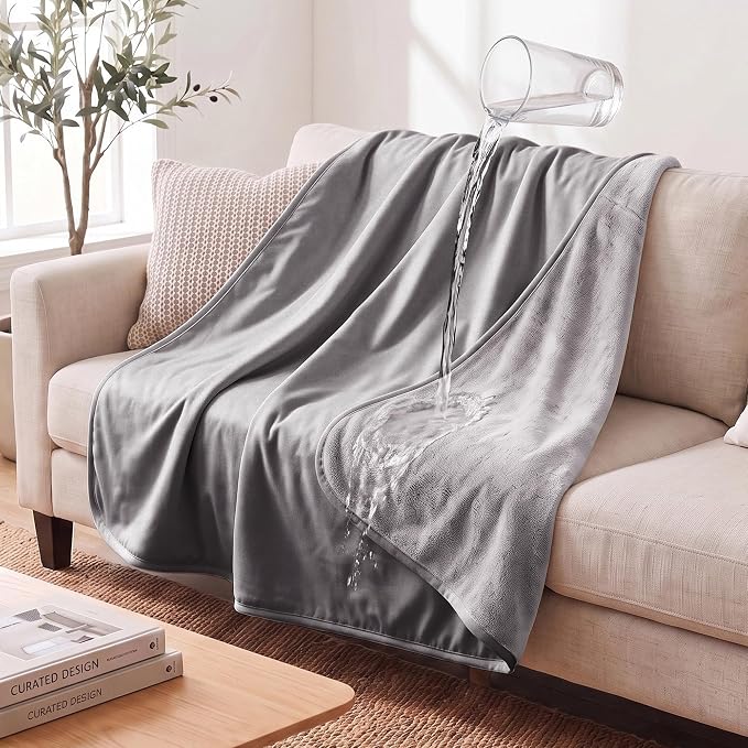 Waterproof Blanket - Reversible Dog Throw as Furniture Protector | Soft Velvet & Flannel, TPU Leak-Proof Liner, Machine Washable, Fits Couch and Bed, 52" x 82", Lightgrey/Darkgrey by TuffeelHome