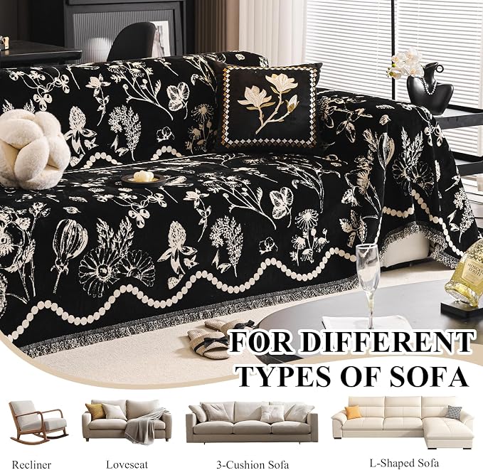 STACYPIK Vintage Botanical Print Couch Cover for Dogs, Jacquard Floral Black Sofa Covers for 2 Cushion Couch, Farmhouse Chenille Couch Protector for Loveseat, Sectional Slipcovers Washable-71X118IN - Image 8