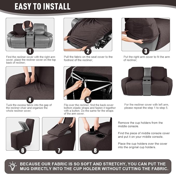KinCam Loveseat Recliner Covers with Middle Console Slipcover, Chocolate | Stretch Recliner Sofa Covers for 2 Seat Couch Cover, Jacquard Furniture Protector Covers with Elastic Bottom for Kids, Pets - Image 5