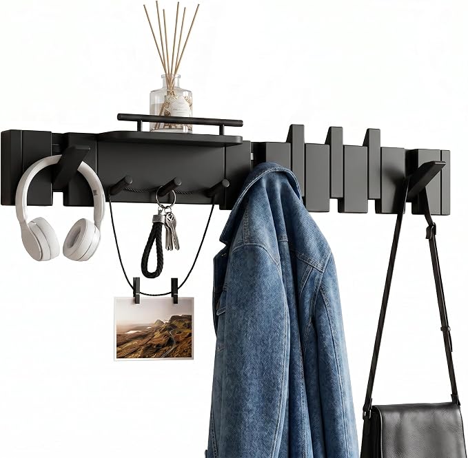 Mid Century Modern Wood Coat Rack Wall Mount with Shelf, 9 Hooks, Black | Wood and metal wall rack with fold-down piano-key hooks and display shelf organizes coats, bags, keys and decor up to 25 lb. by Unknown