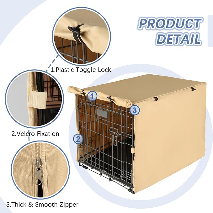 Dog Crate Cover - Double Door Waterproof Pet Kennel Cover, Durable 600D Polyester Protective Cage Cover for 24/30/36/42/48 Inch Dog Crate - Beige - Image 2