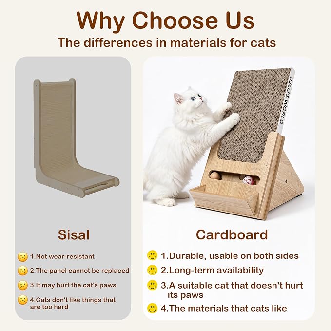 Lulu's World Cardboard Cat Scratcher with Wooden Stand, Freestanding Vertical Cat Scratching Board with Replaceable Double-Sided Scratch Pad, Ball Toy and Debris Tray for Indoor Cats,Long-termism - Image 7