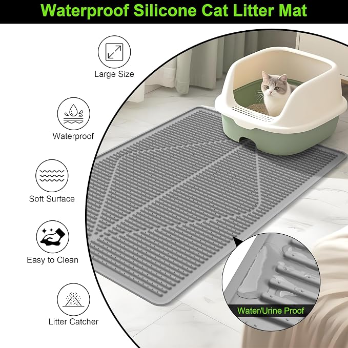 Mofason Rubber Large Cat Litter Mat, Grey Silicone Kitty Cat Litter Box Mat | Waterproof 28"x20" litter matt for cats; easy clean litter trapping catcher mat, cat litterbox mats, large pet mat cat indoor - Image 4