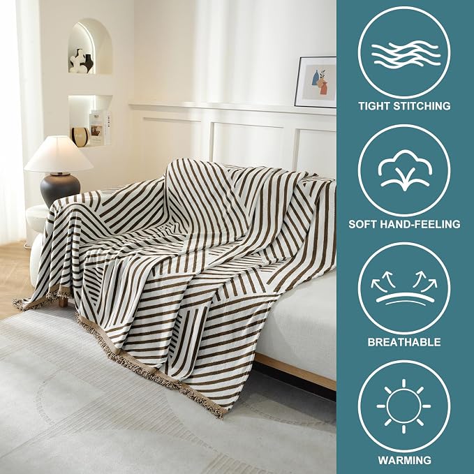 Couch Cover for Sofa, Boho Sofa Cover Washable Couch Cover for Dogs, Pet Sofa Cover for 2-Cushion Couches with Tassel Furniture Protector Cover,71" x 102",Dark Coffee-Line - Image 3