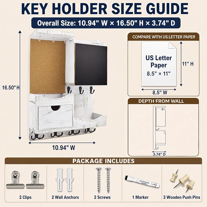 Key Holder Wall Mount， Mail Organizer Key Holder for Wall with Shelf, Drawer, Chalkboard, Corkboard, Home Decor Wall Mounted for Room Entryway(Whitewashed) - Image 2
