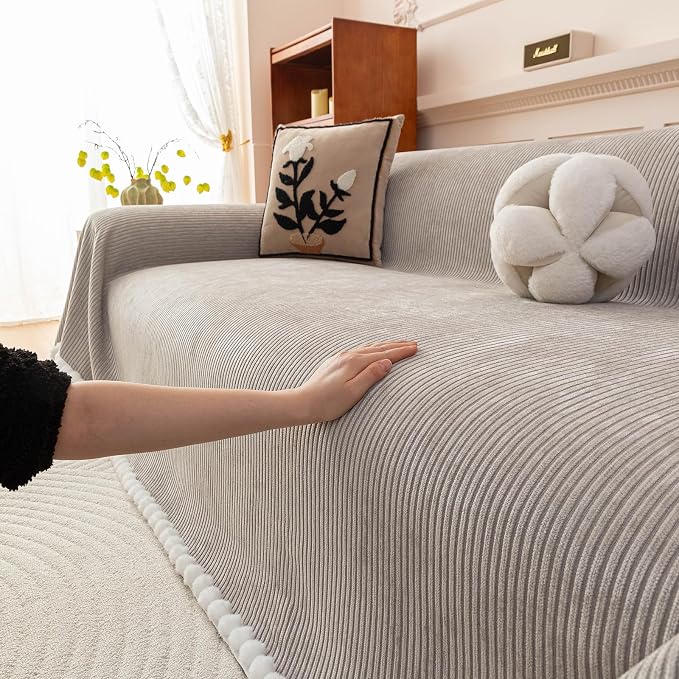 Gray Chenille Couch Cover for Pets, Washable Striped Geometric Sofa Cover for 2 Cushion Couch, Boho Sofa Slipcover for Living Room, Thick Sectional Furniture Protector with Cute Pom Pom Edge-71x118IN - Image 4