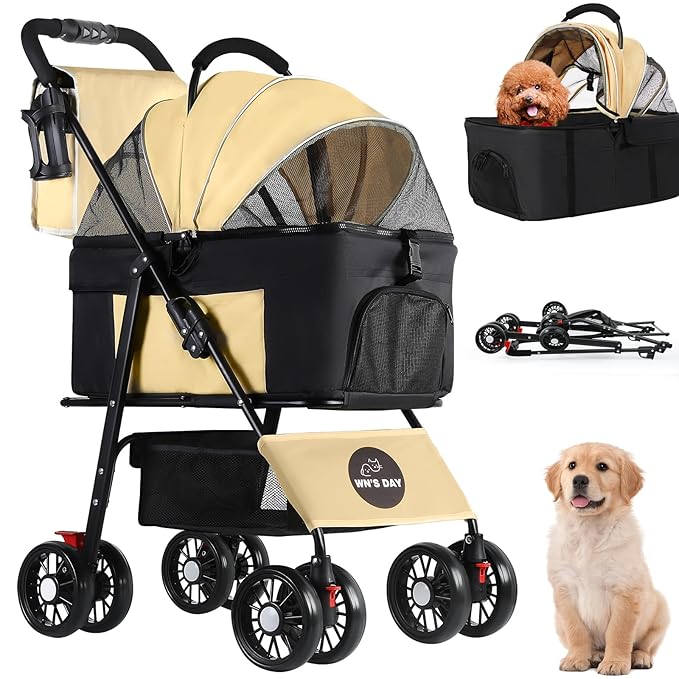 3 in 1 Pet Dog Stroller for Small Medium Dogs 10-50 lbs, Foldable Cat-Strollers for 2-Cats with Removable Carrier, Pet-Strollers for Cats with Storage Bag, Small Puppy-Stroller, Dog-Cart (Brown)