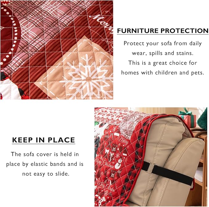 Cmfshape Christmas Skidproof Sofa Cover-Festival Sofa Slipcover with Elastic Straps-Easy Fit Slip Cover-Patchwork Washable Furniture Protector for Pets and Kids(Recliner,Red) - Image 5