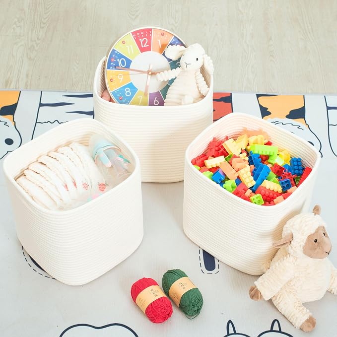 MINTWOOD Design 3-Pack 11x11in Woven Cube Storage Bin and Shelf Baskets, Cute Decorative Square Organizer for Closet, Classroom, Bathroom, Dog and Cat Toys, and Books, Creamy White - Image 5