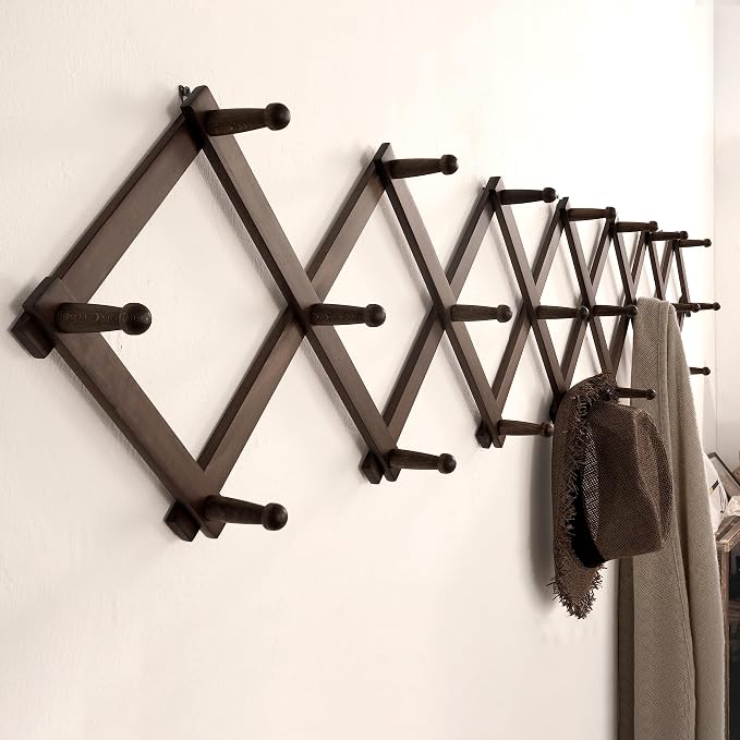 SKOLOO Accordion Wall Hanger with 22 Hooks, Modern Expandable Coat Rack Hat Rack for Wall, Solid Wooden, Walnut Color - Image 4