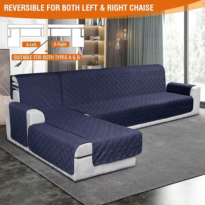 VANSOFY Sectional Couch Covers 100% Waterproof L Shaped Sofa Slipcover 3pcs Reversible Chaise Lounge Cover for Sectional Sofa Furniture Protector Cover for Pets Cat Dog(X-Large, Dark Blue) - Image 3