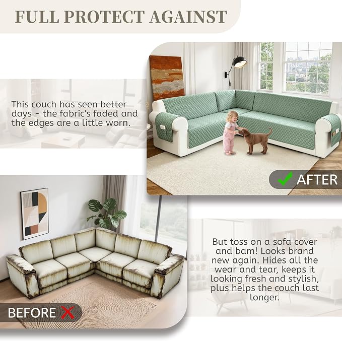 Sectional Couch Covers for Dogs 100% Waterproof Corner L Shaped Sofa Cover Pet Friendly Velvet Washable Anti Slip L Shape Modular Sofa Slipcover Protector with Pockets (Light Green, XL Plus) - Image 7