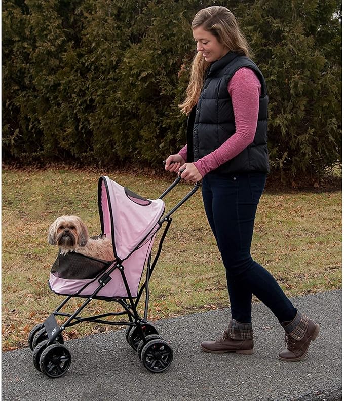 Pet Gear Travel Lite Plus Stroller, Compact, Easy Fold, No Assembly Required, Large Wheels for Cats and Dogs up to 15 pounds, New Rose Pink