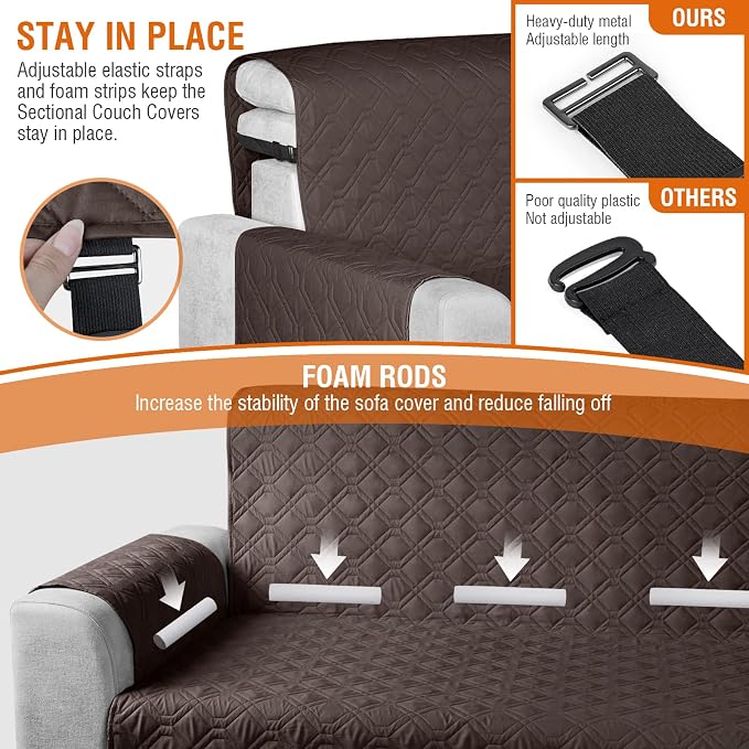 VANSOFY Sectional Couch Covers 100% Waterproof L Shaped Sofa Slipcover 3pcs Reversible Chaise Lounge Cover for Sectional Sofa Furniture Protector Cover for Pets Cat Dog(X-Large, Chocolate) - Image 6
