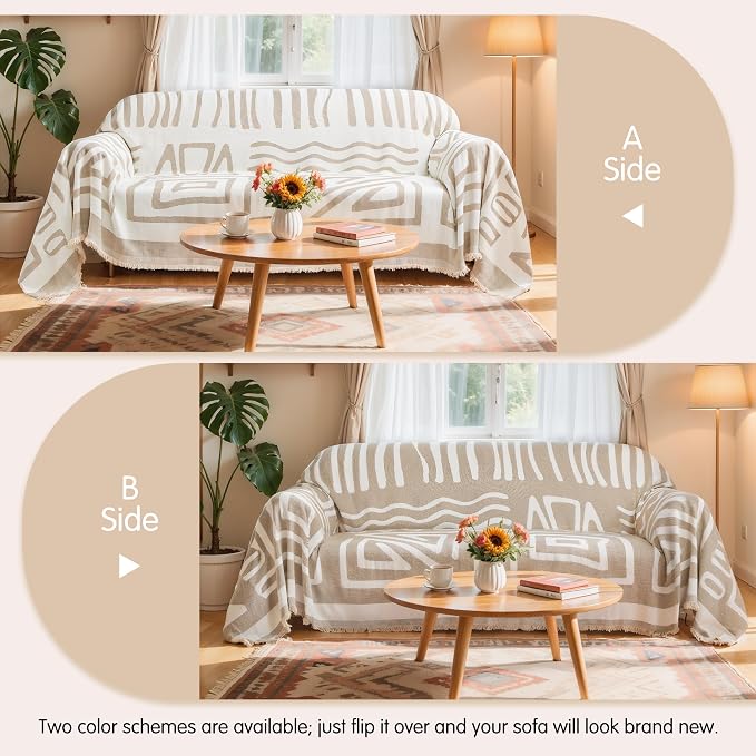 Hokway Chenille Couch Covers Washable for Dogs, Non-Slip Pet Sofa Cover Furniture Protector, Reversible Sofa Slipcovers with Tassels (Boho Khaki,71x134inch) - Image 2