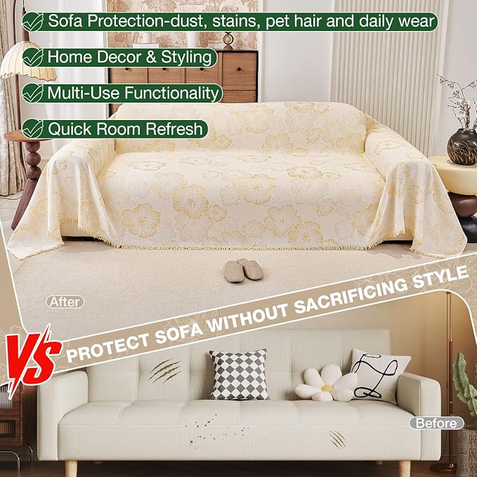 STACYPIK Botanical Floral Sofa Cover for Pets, Boho Jacquard Beige Couch Cover for 3 Cushion Couch, Farmhouse Vintage Couch Cover L Shape for Sectional, Versatile Throw Blanket Living Room-71X134IN - Image 4