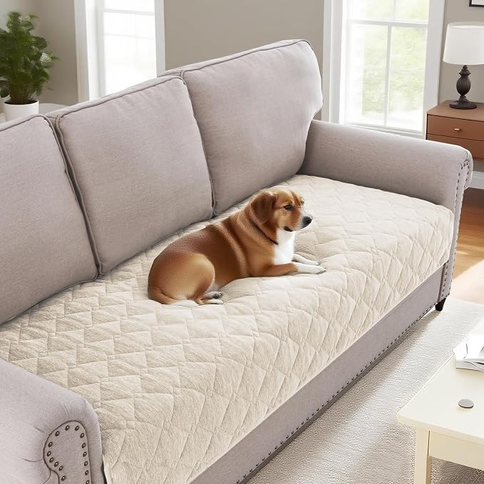 H.VERSAILTEX Couch Cover Chenille Pet Fuzzy Sofa Covers for 3 Cushion Couch Anti Slip Washable Sofa Slipcovers with Strap Soft Couch Protector Cover for Dogs Cats Kids(34.5" x 74", Ivory) by HVERSAILTEX