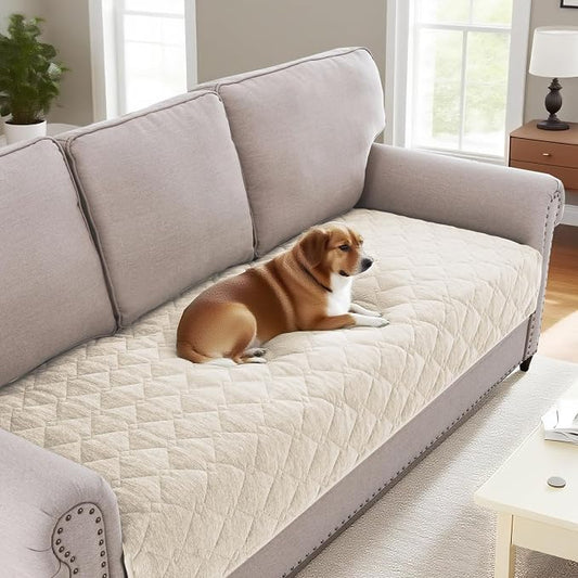 H.VERSAILTEX Couch Cover Chenille Pet Fuzzy Sofa Covers for 3 Cushion Couch Anti Slip Washable Sofa Slipcovers with Strap Soft Couch Protector Cover for Dogs Cats Kids(34.5" x 74", Ivory) by HVERSAILTEX